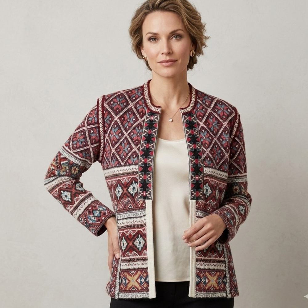 Peck & Peck Tribal Knit Embroidered Tassel Cardigan Bohemian
